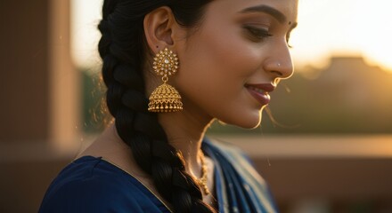 An Indian woman with a long braid gold earrings and a nose stud illuminated by a golden light