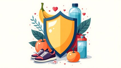 A modern and colorful representation of protection and health, symbolized by a protective shield and healthy lifestyle elements like exercise and balanced nutrition.