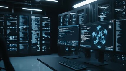 Data Center - Servers, Code, and Cybersecurity Monitoring in Dark Room. - Powered by Adobe