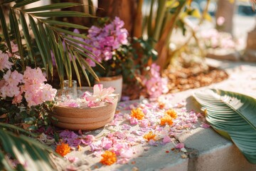Vibrant Floral Arrangement with Bougainvillea and Tropical Leaves in a Sunlit Garden Setting for Relaxation and Serenity