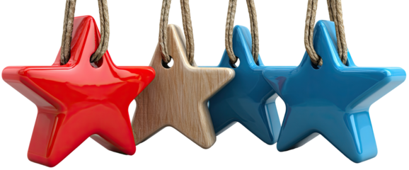 Four hanging stars in red, light brown, and blue, strung with light beige rope