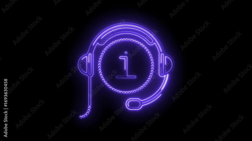 Poster glowing neon customer support headset animated icon displaying information on black background