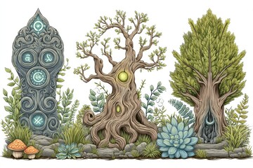 Fototapeta premium Fantasy Forest Illustration with Stone Monument and Glowing Trees