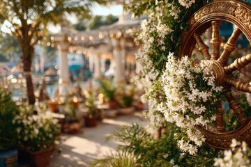 Fototapeta premium Vibrant Floral Decoration with Traditional Wheel in a Lush Outdoor Setting Surrounded by Exotic Plants and Warm Ambient Lighting for Celebrations