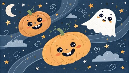 Cute Halloween Ghost and Pumpkins Against a Starry Night Sky
