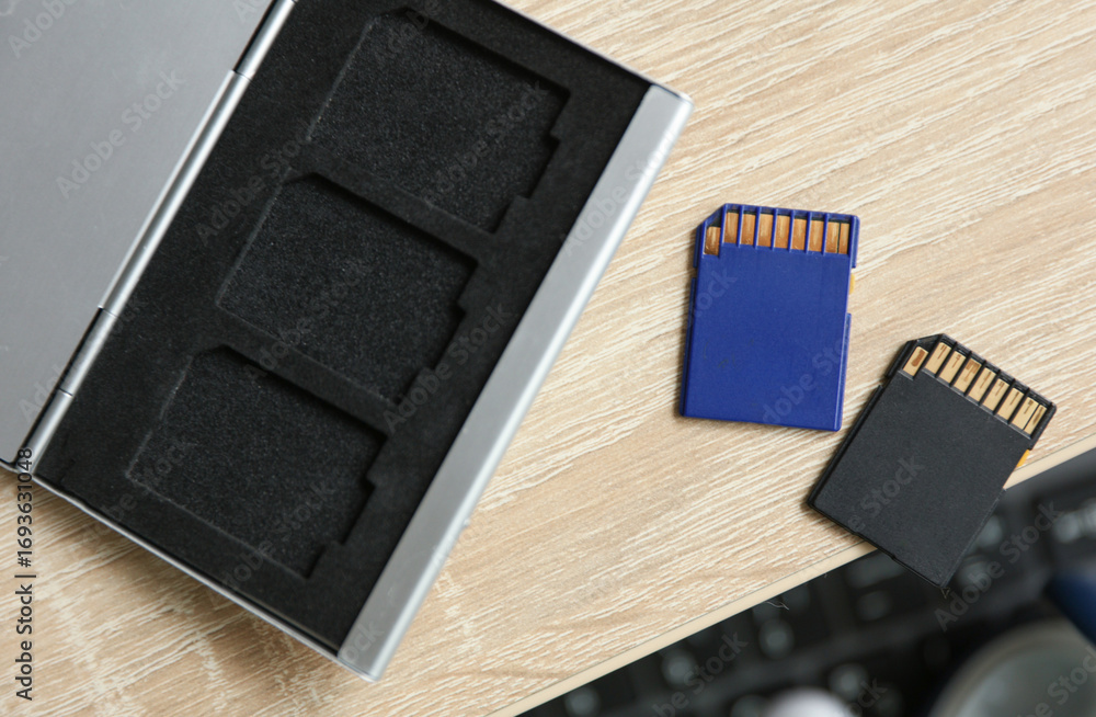 Poster sd memory cards with case for storage on the table