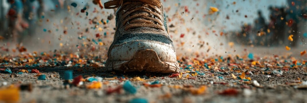 High-Quality Close-Up of Running Shoes Striking Ground with Dust and Confetti Authentic Adventure Sports Lifestyle for Millennial Marketing and Social Media