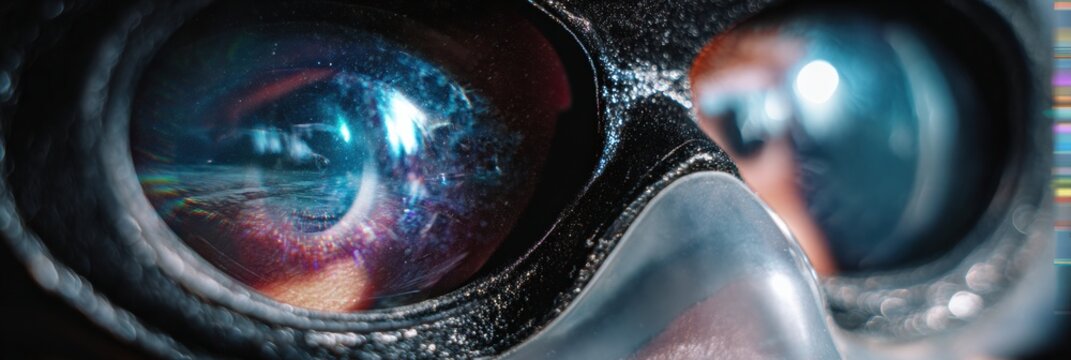 Premium VR headset close-up with vivid fantasy game reflection modern immersive virtual reality gaming for Gen Z digital marketing and social media campaigns