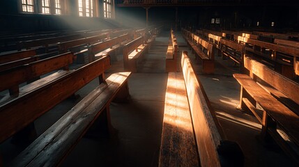 Wooden Church Pews in Rows with Sunlight Streaming Through Windows