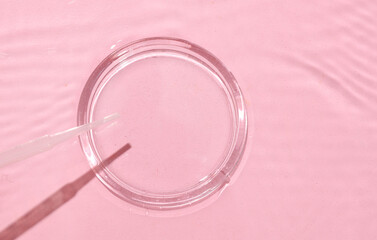 Glass round petri dish with pipette on pink background with water waves. Cosmetic beauty concept