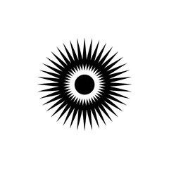 Fototapeta premium A white sunburst symbol on a black background. Rays radiate outward from a central circle