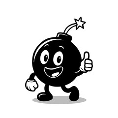 Cartoon bomb mascot giving thumbs up. Fun and playful black and white character design for comics, stickers, or game elements.