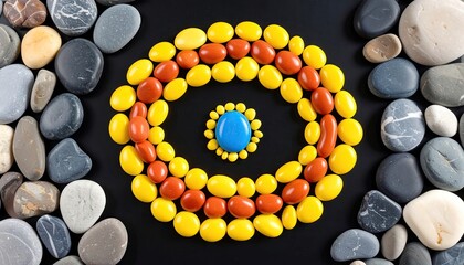 Colorful stones arranged in concentric circles on black background