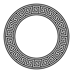 Circle frame with seamless meander pattern, a decorative border with repeated Greek key motif, constructed from continuous lines, shaped into a repeated motif. Isolated, black and white illustration.