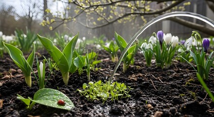 A cultivated spring garden coming to life, where the first green shoots meet the nourishing touch of water.