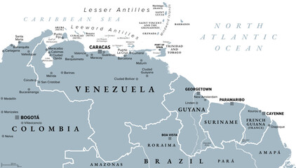 Venezuela and The Guianas, gray political map. Geographical region in north-eastern South America, consisting of the country Venezuela and The Guineas, which is Guyana, Suriname, and French Guiana.