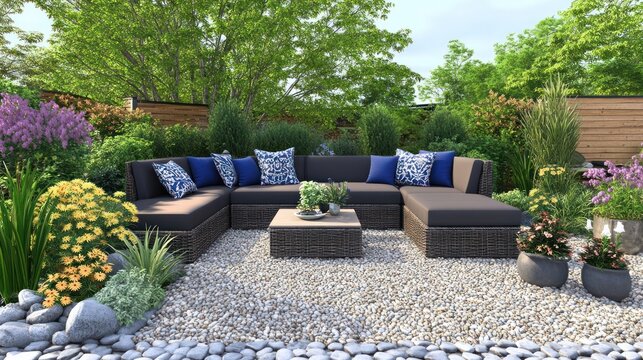 Outdoor oasis: luxurious patio furniture set amidst lush garden scenery for relaxation