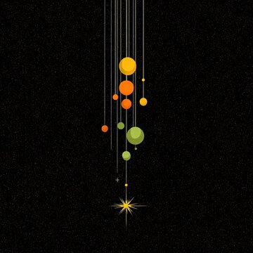 Abstract illustration of planets and a star against a starry black background Keywords: abstract