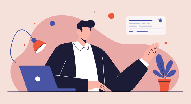 Professional man working at a laptop, gesturing during an online meeting or presentation. Ideal for business, remote work, digital communication, and professional development concepts.