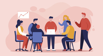 Diverse business team collaborating in a modern office meeting, discussing strategy and analyzing data for company growth and success.