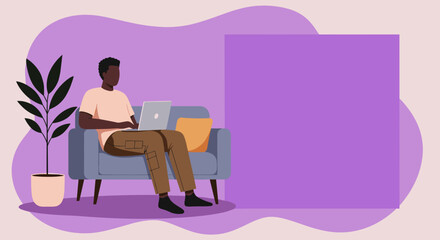 Young Black man works remotely on a laptop from a comfortable sofa at home, ideal for freelance, online learning, or digital nomad concepts.