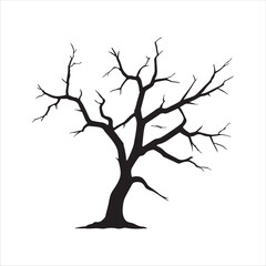 Fototapeta premium Black leafless tree with jagged branches design element. Simple and dark botanical artwork illustration for fall or environmental concepts.