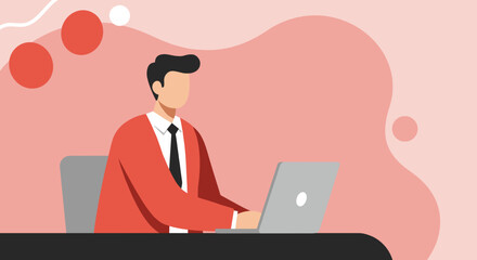 Professional man in a red jacket diligently working on a laptop at a desk, symbolizing remote work, business productivity, and digital communication.