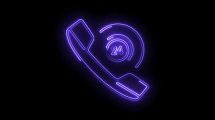 Glowing neon purple phone icon animation on black background 24 hour service concept