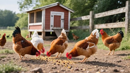Chickens Foraging for Food Near a Red Barn in a Sunny Rural Setting