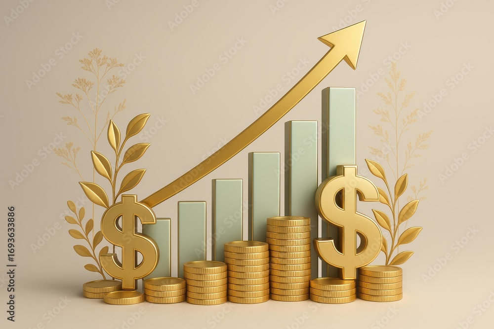 Poster financial ascent: a dynamic image of a golden arrow ascending alongside stacked columns representing