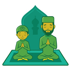 Father and son in prayer, spiritual connection during Ramadan, faith and devotion in Islam, family values