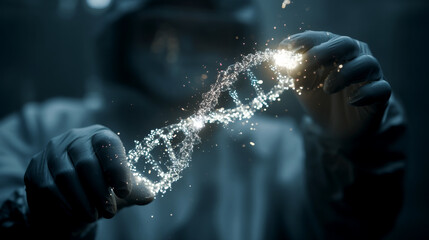 Gloved scientist holding glowing DNA strand