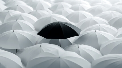 Black umbrella standing out in white crowd