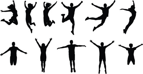 Silhouettes of people jumping with arms raised, energetic poses, freedom motion, active lifestyle illustration, vector set for happiness and expression design