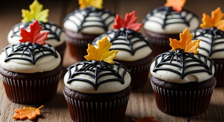 Halloween decorated cupcakes with spider web icing and fall leaf candy