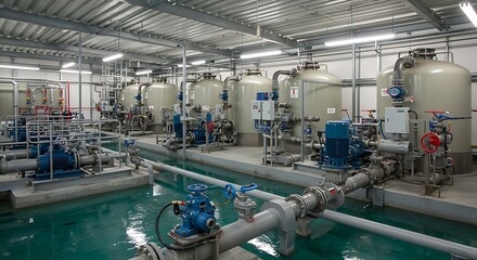 Industrial water treatment facility with multiple filtration tanks and plumbing systems