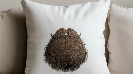 White cushion with graphic of mustache and beard design on cream couch Minimalist decor, quirky cozy - Powered by Adobe