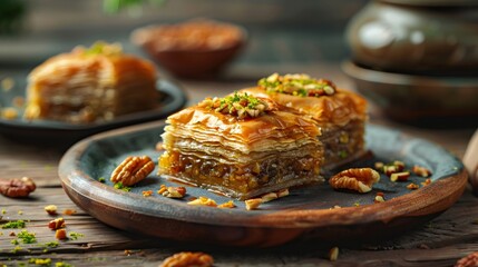 Delicious baklava with pistachios and walnuts resting on rustic wooden table