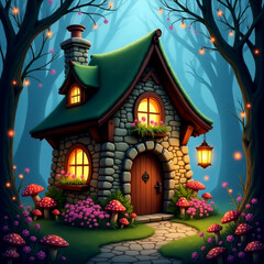 Enchanting stone cottage nestled in a magical forest at dusk