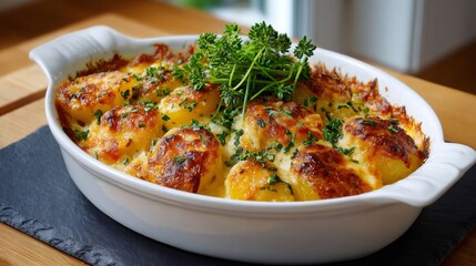 Creamy potato gratin with melted cheese and parsley topping sitting on wooden table