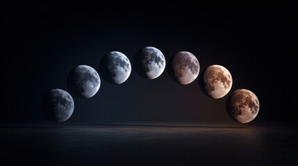 Lunar Phases Arc: Eight Celestial Bodies Over Dark Water
