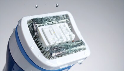 Close-up of a waterproof electric shaver head with water droplets