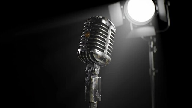 Vintage microphone in spotlight on black background, retro music concert, studio concept.