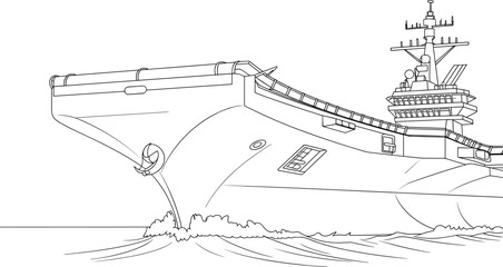 Aircraft carrier line drawing, naval warship illustration, military ship sketch, black and white outline, educational marine transportation coloring page