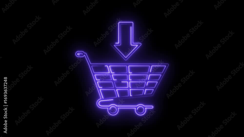 Aufkleber neon shopping cart icon animation with downward arrow on black background loop