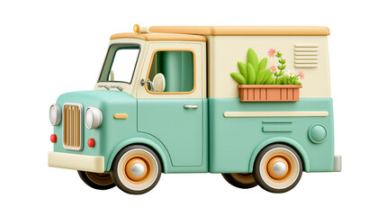 Naklejka premium Whimsical Floral Delivery Van: A charming and stylized illustration of a vintage delivery van, adorned with pastel hues and carrying a delightful display of potted plants.