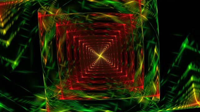 Red spotlights illuminating spiral foursquare shape in center, spreading vibrations on black. Abstract background with rectangular constructions and fractal fluids motion. 4K UHD 4096x2304