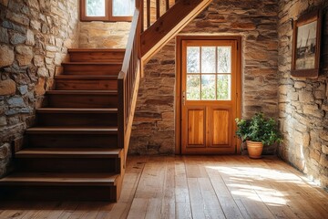 Wooden staircase and stone cladding wall in rustic hallway. Cozy home interior design of modern entrance hall with door, Generative AI