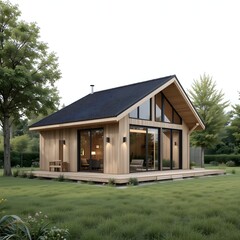 Modern wooden cabin isolated on white background with natural surroundings