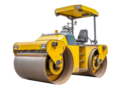 Road Roller: A powerful, vibrant yellow road roller, designed for efficient and effective road construction and maintenance, stands ready to work. Demonstrating strength and reliability.